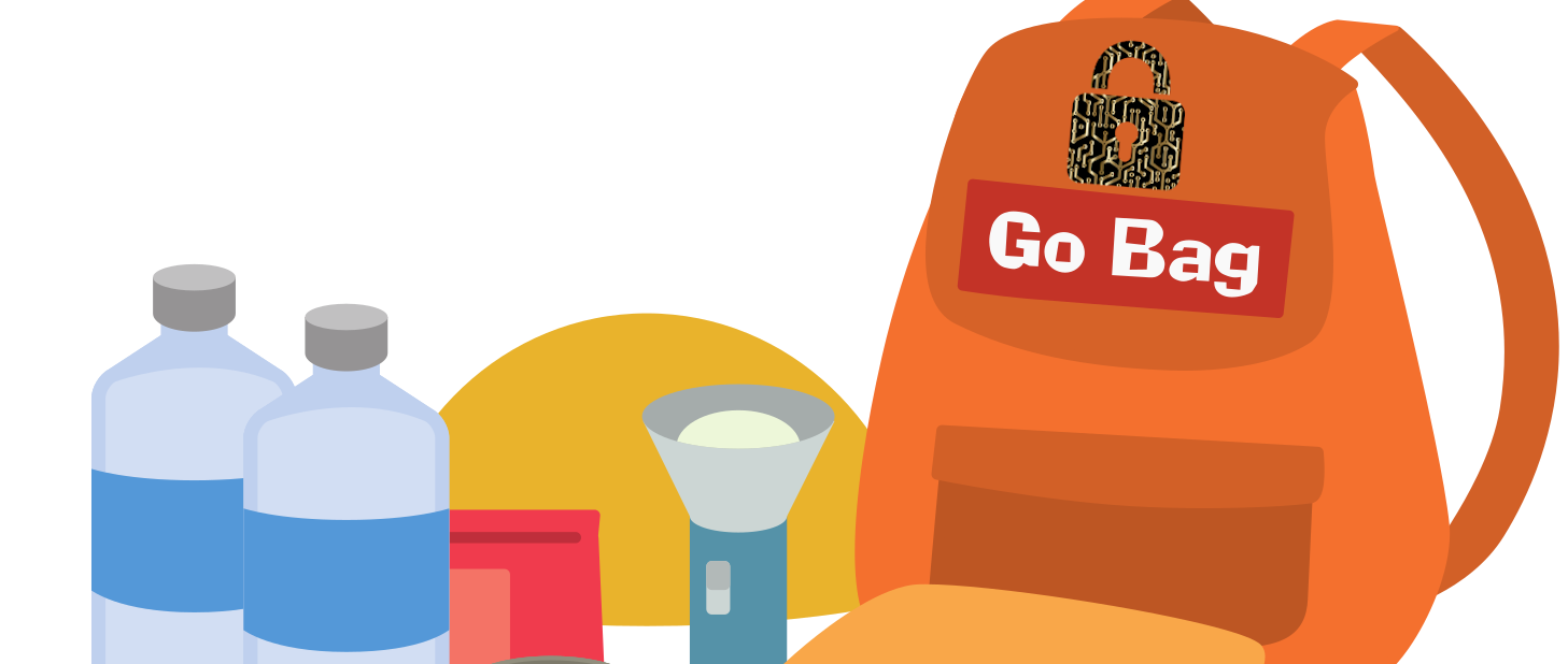 An orange rucksack with a gold padlock and labelled "go bag". In front is a torch / flashlight and some bottles of water.