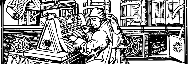 Black and white line drawing of an ancient scribe at work. The man is using a pen to write on an upright parchment.