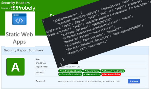 Montage showing the Azure Static Web Apps logo, a code sample, and a Security Headers report.