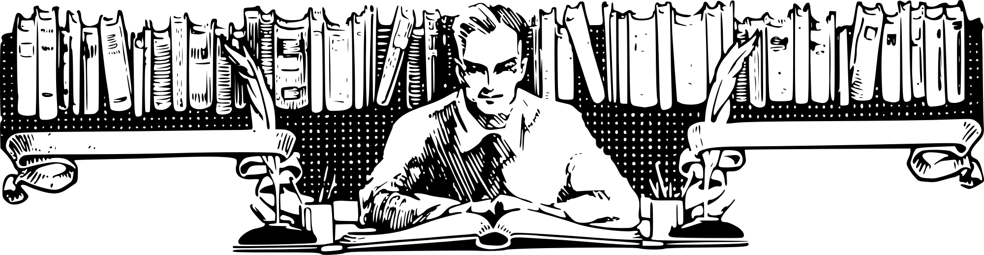 Line art drawing of a man wearing a shirt and tie, sat at an open book, with a shelf of books behind him.