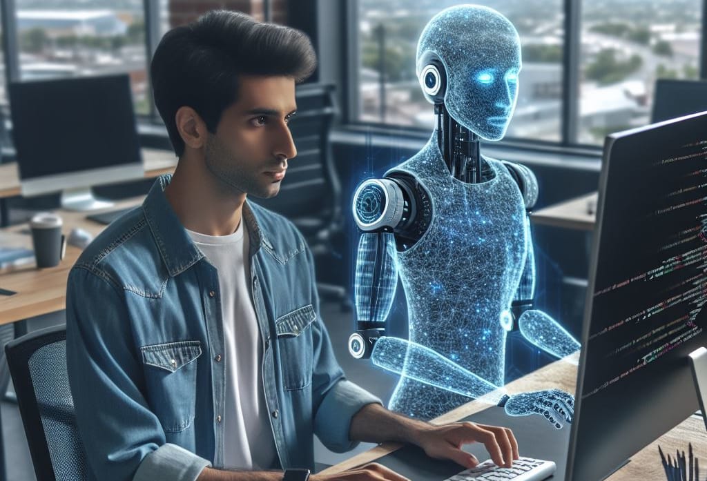 A man wearing a denim jacket & white shirt sat typing at a computer.Next to him in a translucent pale blue android hologram.