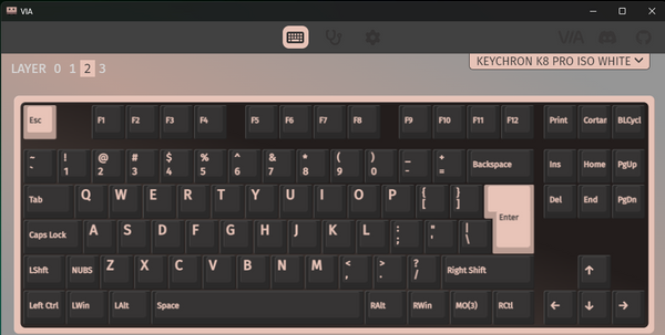 Screenshot of a configuration utility.  The main colour is a black / brown with pale pink.  A picture of a keyboard is shown.