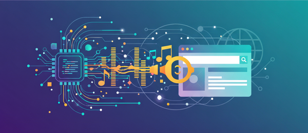 An AI generated illustration showing a stylised application window on the right with other decorations around it.There is an integrated circuit chip,musical notes,bulb,and lines.