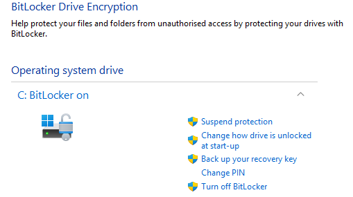 Screenshot showing a screen titled "BitLocker Drive Encryption".  BitLocker shows as on for drive C, and there are options to suspend protection along with management tasks.